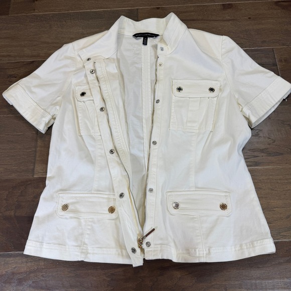 WHITE HOUSE BLACK MARKET‎ Short Sleeve Utility Jacket Cream Gold Button Size 12 - Picture 4 of 9
